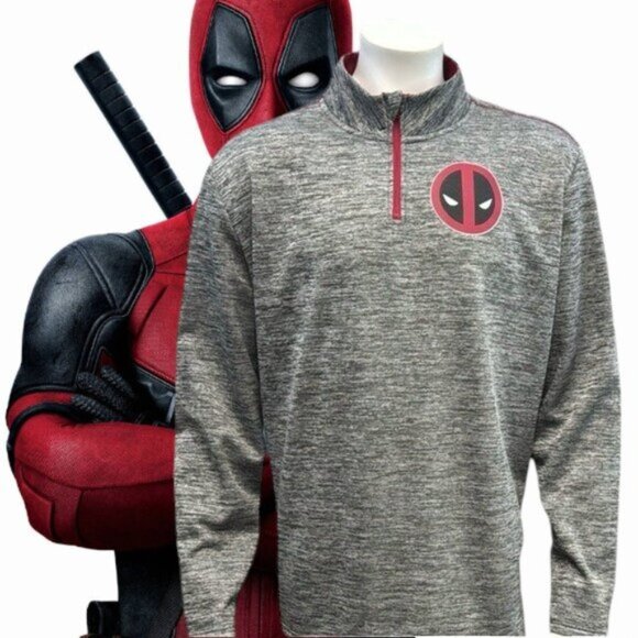 Marvel Deadpool 1/4 Quarter Zip Gray Pullover Fleece Sweatshirt Adult Size XL - Picture 1 of 3